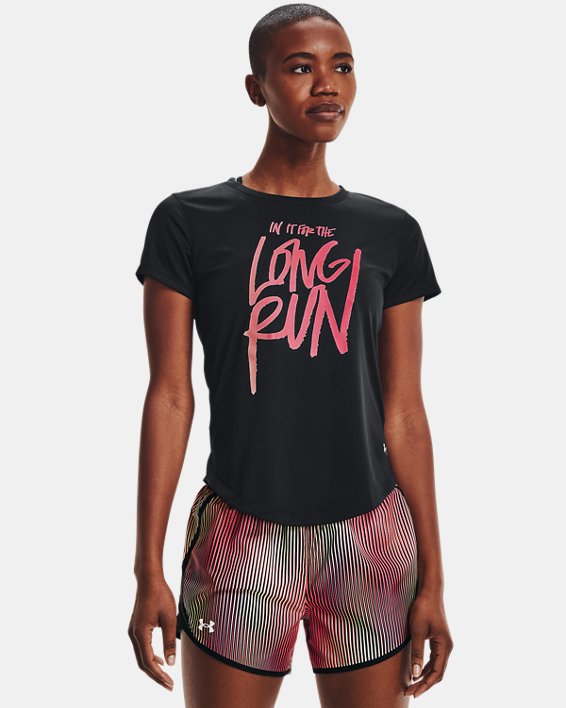 Women's UA Long Run Graphic Short Sleeve, Black, pdpMainDesktop image number 0